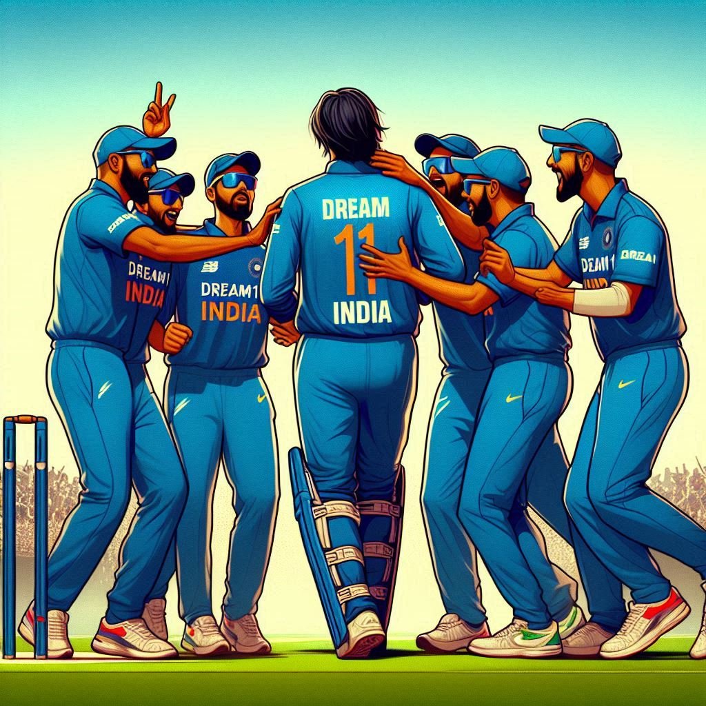 Cricket players from the Indian team wearing blue jerseys with ‘DREAM11 INDIA,’ celebrating a victory on the field, emphasizing team spirit and camaraderie.
