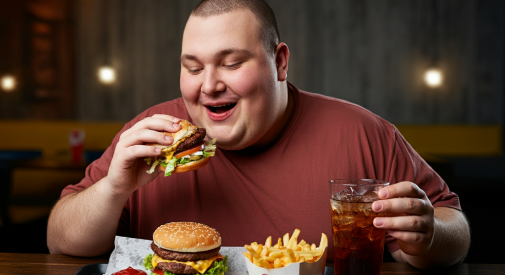 Genetics or Lifestyle? The Real Cause of Obesity.Genetics or Lifestyle? The Real Cause of Obesity.
Fatty boy eating burger.