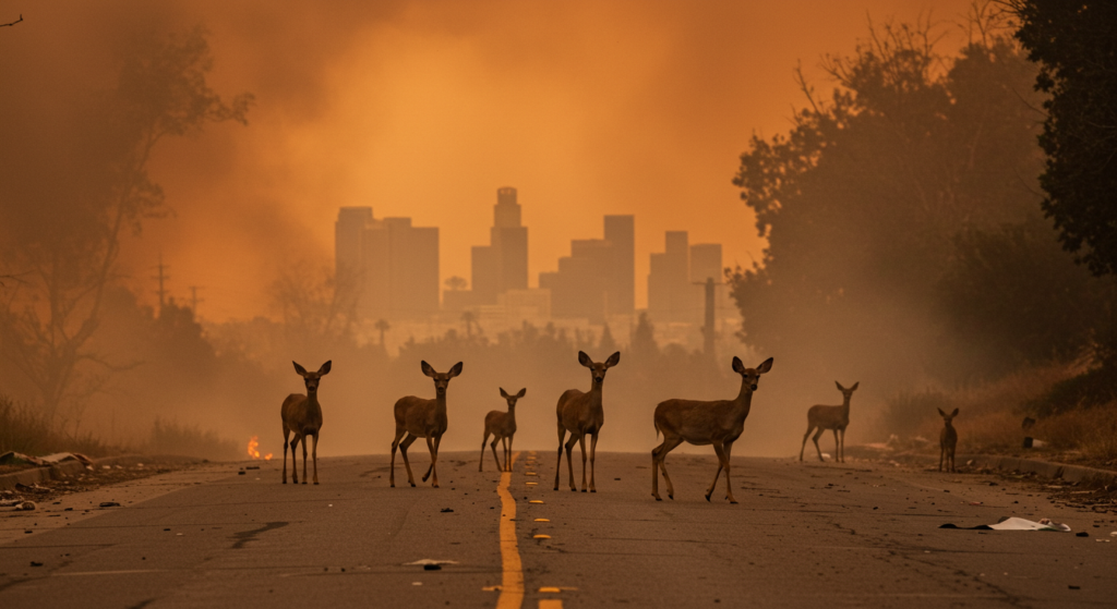 Group of deer looking for shelter.